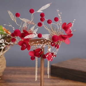 Style Chinois Vintage Pinces à Cheveux Fleurs en Velours Rouge Et Boucles d'Oreilles Bijoux de Mariée Coiffe Glands Feuille Dorée