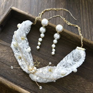 Sparkling bridal white lace necklace and pearl earrings set with gold star sequins
