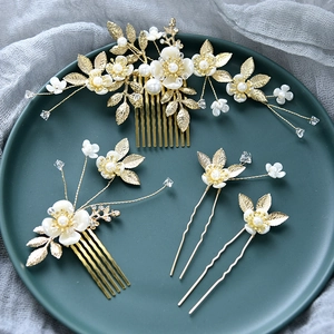 Accessoires de Cheveux de Mariée Faits à la Main Feuilles en Alliage d'Or Künstliche Perle Fleur Peignes Et Épingles à Cheveux Mariage