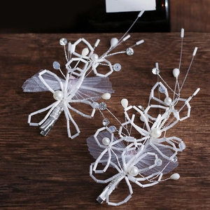 White Pleated Mesh Flower Bridal Hair Clips Artificial Pearl Beaded Wedding Headpiece Elegant Handmade Hair Accessories