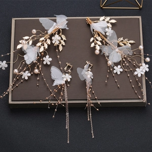 Fermagli Per Capelli E Orecchini Floreali Sposa Fatti A Mano Lega Oro Maglia Farfalla Perla Artificial Nappa Accessori Matrimonio