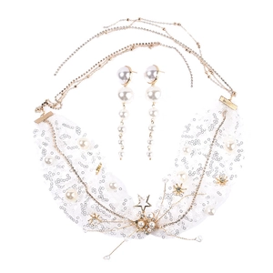 Sparkling bridal white lace necklace and earring set with sequins and pearls