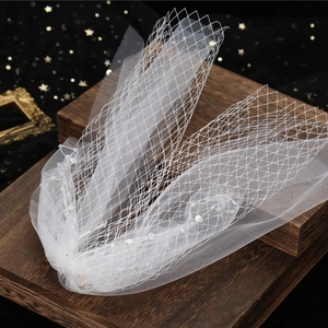 Elegant white birdcage bridal veil with pearl beads on a vintage background