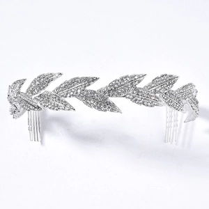 Peigne à cheveux de mariée élégant avec motif de feuilles argentées et strass brillants