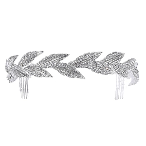 Couronne de mariée argentée avec feuilles en strass et doubles peignes à cheveux fixes