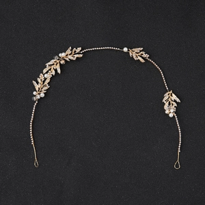Elegant gold bridal headpiece with alloy leaves, white faux pearls and crystals