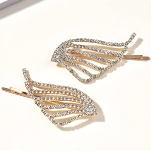 Set of two crystal angel wing hairpins with gold base and sparkling silver rhinestones