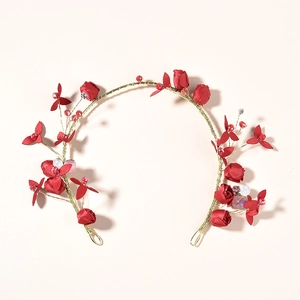 Serre-tête fait main avec fleurs rouges et strass pour mariages et coiffures de fête