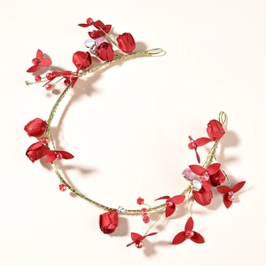 Serre-tête de Mariée Fait Main Fleurs en Tissu Rose Rouge Fil Doré Strass Cristal Coiffe pour Mariage Fête Femme Filles Bijoux