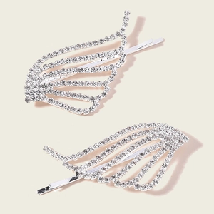 Pair of sparkling silver angel wing hair clips with white rhinestones for bridal wedding