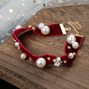 Elegant burgundy velvet choker necklace with white pearls and sparkling crystal details