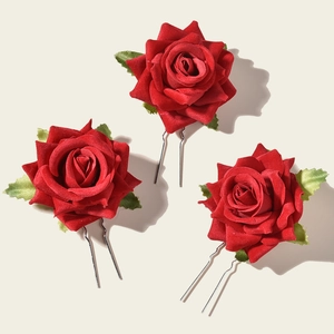 Three-piece red rose U-shaped hair pins for brides with silk petals and green leaves