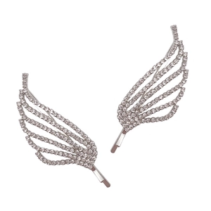 Set of two silver angel wing hairpins with sparkling rhinestones for bridal wedding styling