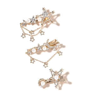 Goldenes Braut-Haarschmuck-Set mit Perlen, Sternen und Mond sowie feinen Quasten