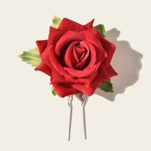 Elegant deep red velvet rose flower hair pin with green leaves for bridal wedding hairstyles