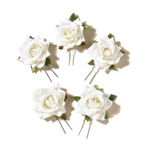 Set of 6 white fabric rose flower hair pins with green leaves for bridal wedding hairstyles