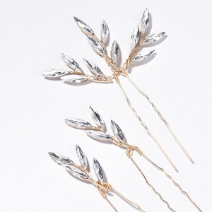 Set of 3 gold bridal hair pins with marquise crystals and elegant leaf vine design
