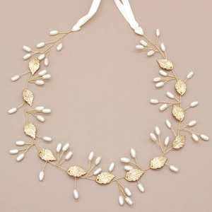 Serre-tête en alliage doré avec feuilles et perles et ruban blanc pour robes de filles