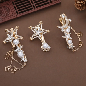 Exquisites Braut-Haarklammer-Set mit Sternen, Perlen und Strasssteinen in Gold für Hochzeiten