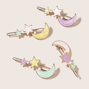 Set of 4 star and moon hair clips with pastel marble enamel and pearl accents