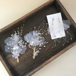 Handmade bridal floral hair clips and pearl earrings set with white fabric petals