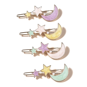 Set of 4 colorful star and moon hair clips with gold metal base and faux pearls
