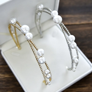 Elegant Double Layer Faux Artificial Pearl Rhinestone Bridal Hair Hoop Gold Silver Alloy Handmade Wedding Party Headband Hair Accessories For Women