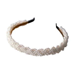 Elegant multi-layer cream pearl headband with golden base for bridal wedding hairstyle