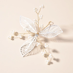 Handmade bridal hair pins with white petal leaves, pearls and crystals on gold wire