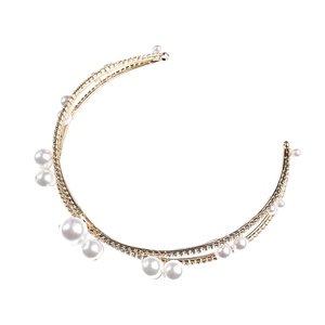 Elegant gold bridal headband with layered pearls and sparkling rhinestones for weddings