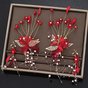 Rote Satin Schleife Gold Blatt Kunstperle Quaste Haarklammern Ohrringe Set Für Chinesische Hochzeit Mori Stil Brautschmuck