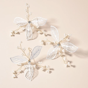 Three-piece bridal hair pins with white metal leaves, copper wire beads, and pearls