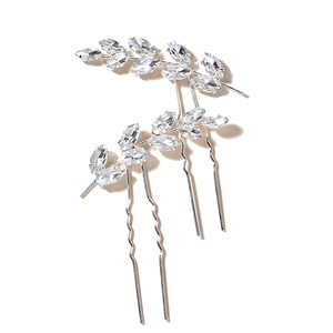 Bridal hair pins set with crystal rhinestone leaves and wavy non-slip metal sticks