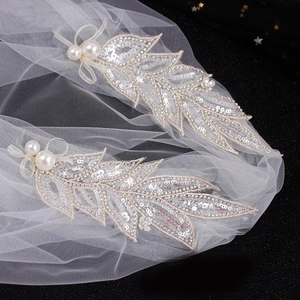 Elegant Vintage Korean Double Layer Bridal Veil White Tulle Mesh Sequin Leaf Embroidery Faux Artificial Pearl Wedding Hair Accessories