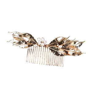 Elegant bridal gold leaf hair comb with handmade pearls and intricate wreath design