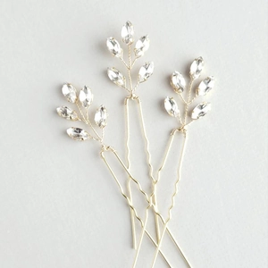 Lot de 3 épingles à cheveux dorées de mariage avec feuilles en cristal marquise
