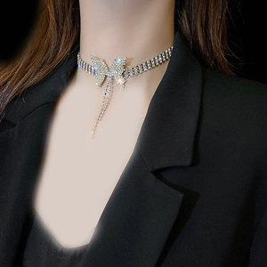 Funkelndes Braut-Choker mit Schleifen-Design und Kristallfransen auf Silberkette
