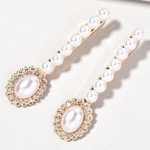 Elegant gold alloy hair clips set featuring white faux pearls and sparkling rhinestones