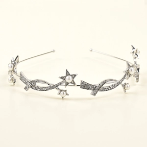 Cerchietto da sposa argento con stelle, perle e strass per acconciature eleganti
