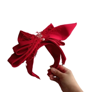 Bridal Wedding Satin Bow Headband With Mesh Veil Artificial Pearl Rhinestone French Vintage Elegant Hair Accessories For Party Women