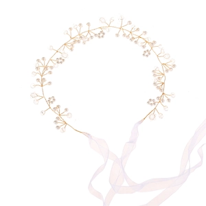 Elegant gold wire bridal headband with white pearls, crystals, and chiffon ribbons