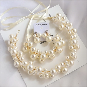 Handmade Bridal Artificial Pearl Jewelry Collection Gold Wire Vine Hair Vine Bracelet And Ear Clips For Wedding Party Women Accessories