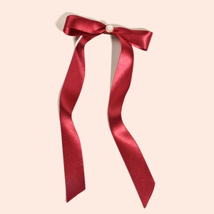 Burgundy Satin Bow Hair Clip With Artificial Pearl Elegant Long Ribbon Streamers Duckbill Clip For Wedding Bride Women Hair Jewelry