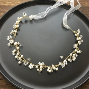 Handmade Artificial Pearl Crystal Bridal Hair Vine Gold Wire Wedding Headpiece With Ribbon For Women Girls Hair Accessories