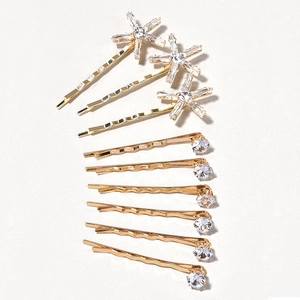 9-piece gold hairpins set with star rhinestones and round crystals for elegant bridal hair