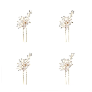 Lot de 4 épingles à cheveux en U dorées avec perles élégantes et strass brillants