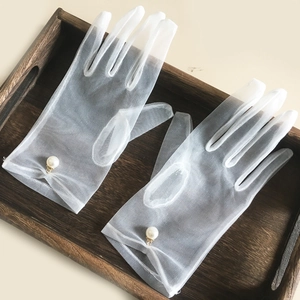 Women Elegant White Mesh Wedding Gloves With Faux Artificial Pearl Minimalist Semi Transparent Bridal Tulle Party Full Finger Gloves