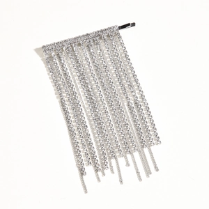 Barrette à cheveux argentée à longs glands en strass pour les soirées et robes élégantes