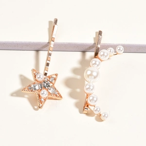 Set de barrettes de mariée étoiles et lune avec perles et strass sur base dorée