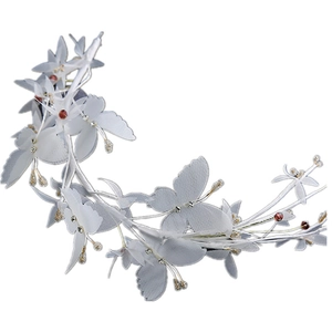 White tulle butterfly and flower hair band with silver rhinestones for elegant styling
